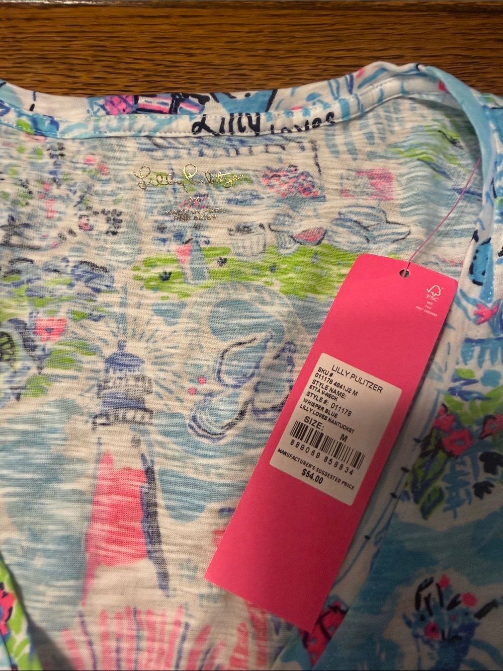 Lilly Pulitzer Short Sleeve V-Neck Tee in Blue, Pink & Green Nantucket Print - Picture 4 of 5